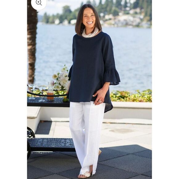 Crown linen designs Lagenlook Black Bella Bell Sleeve Top 100% European linen Tu - Picture 2 of 7